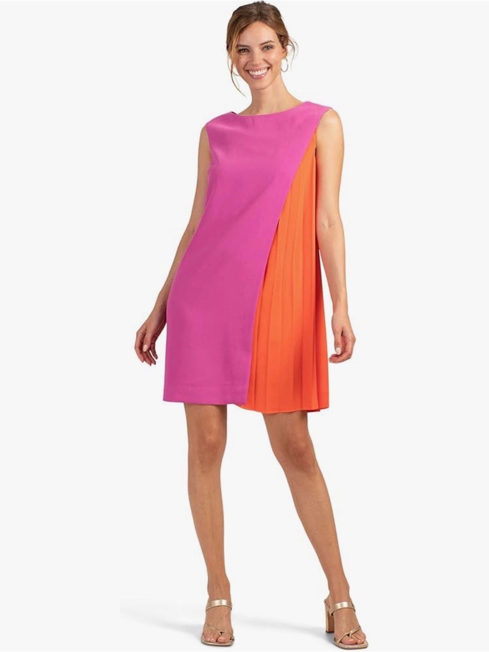 Trina Turk Magenta and Orange One-Shoulder Pleated Shift Dress